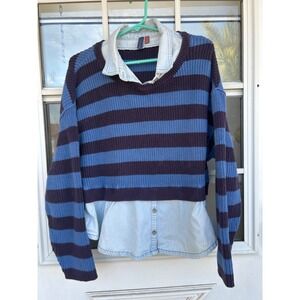 Pilcro Anthropologie Striped Mixed Media Denim Layered Sweater Preppy L